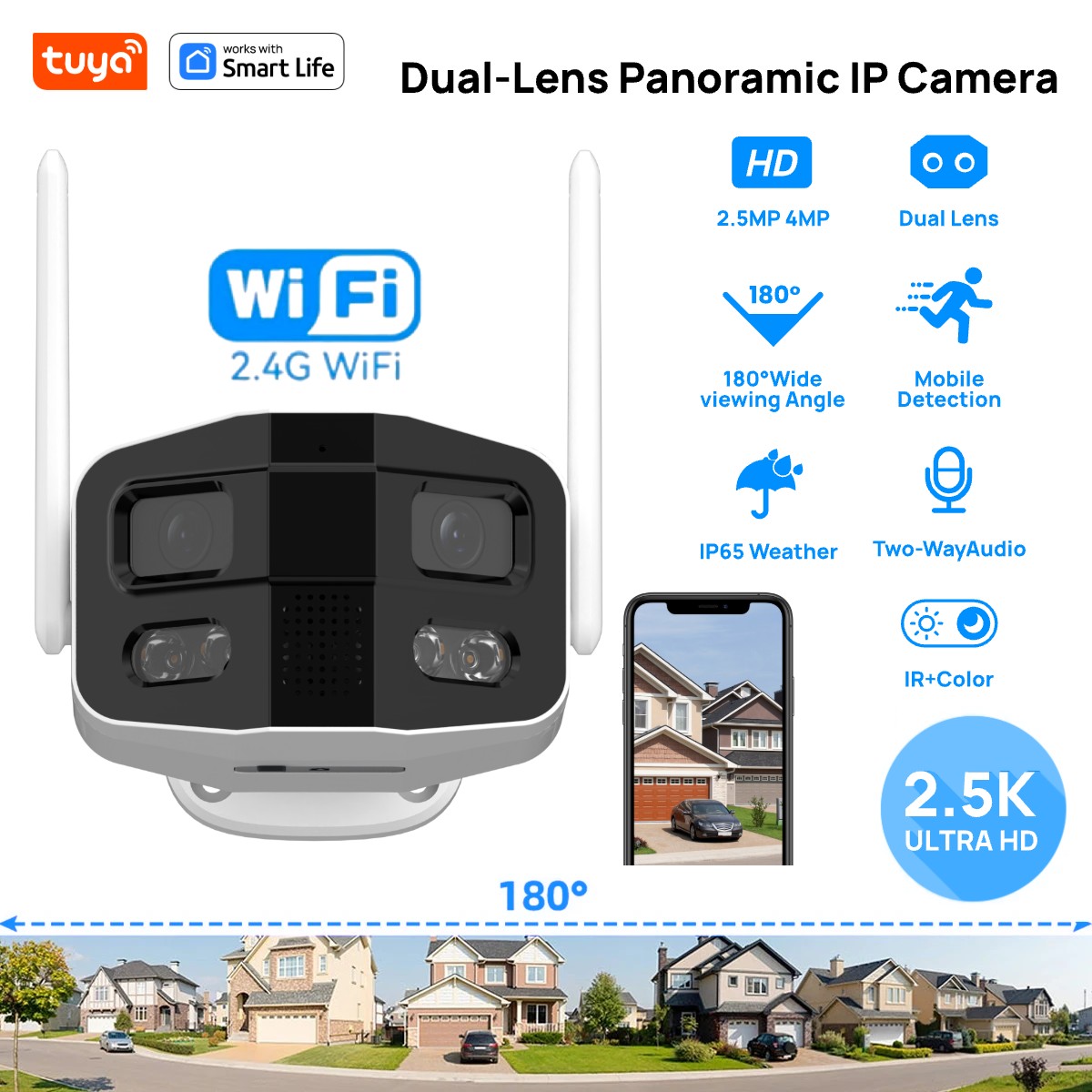 Smart Home Battery Camera Ezviz - Tuya Smart 4MP 2.5K Dual-Lens Large